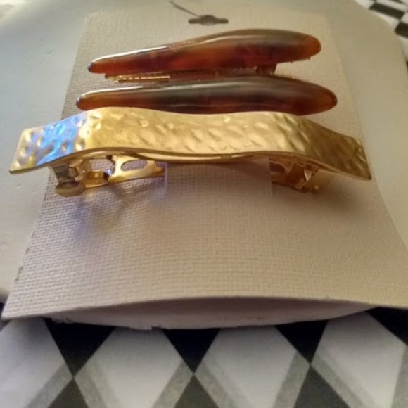KOHL'S 3pc SET Gold Hammered Textured Barrette + Tortoise Hair Clips**NEW! - Picture 2 of 3